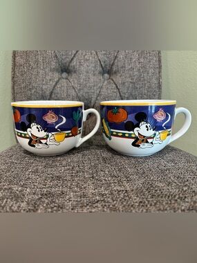 Disney White Ceramic Mugs with Blue Band and Yellow Rim featuring Mickey Mouse